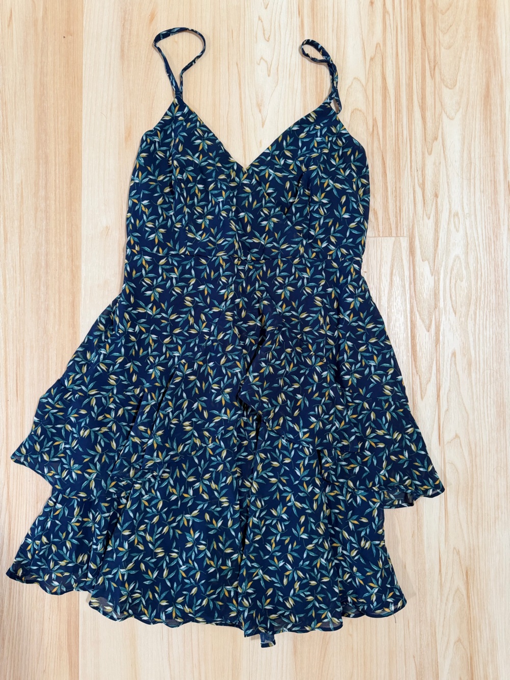 french kiss Navy Leaf-Print Dress with Teal & Mustard Leaves